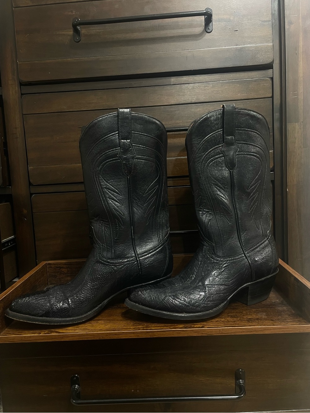 Black genuine ostrich leg cowboy boots - Picture 6 of 14